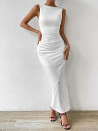 Sexy Round Neck Sleeveless Bodycon Dress Women's Off Shoulder Pleated Split Wrapped Hip Dress Party Club Elegant Long Dress