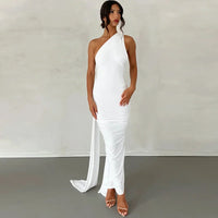 Oblique Shoulder Backless Maxi Dress For Women Gown Back Strap Sleeveless