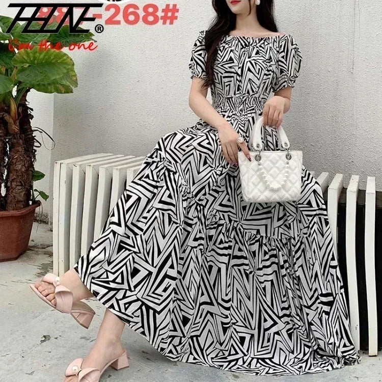 Long Dress Women Bohemian Cotton Linen Floral Short Sleeve Korean Style Casual