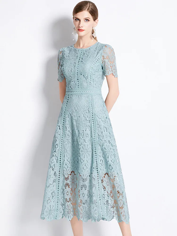 Vintage High-End O-Neck Short Sleeve Lace Hollow Out Dress For Women's
