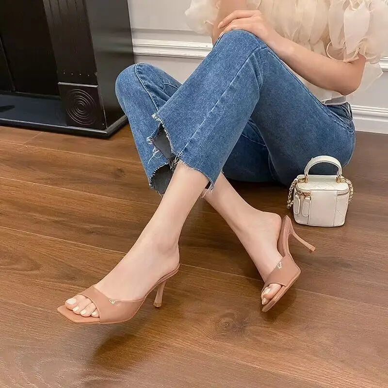 Lacquer Leather High-heeled Sandals for Women's Outdoor Slippers