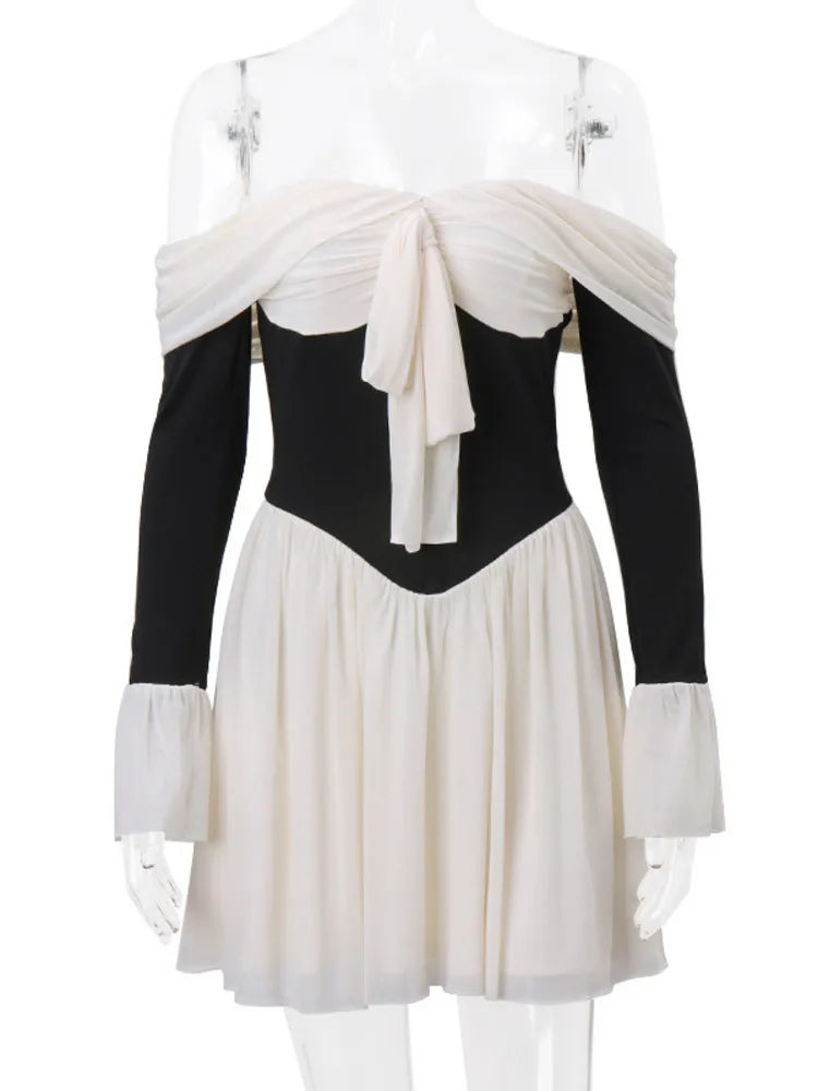 Elegant Strapless Backless Sexy Mini Dress For Women New Off-shoulder Long Flare Sleeve Pleated Club Party Dress