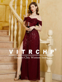 VITRCHP Luxury Evening Dress A-Line Floor Length Backless Split Sequins Long Prom Cocktail Dress