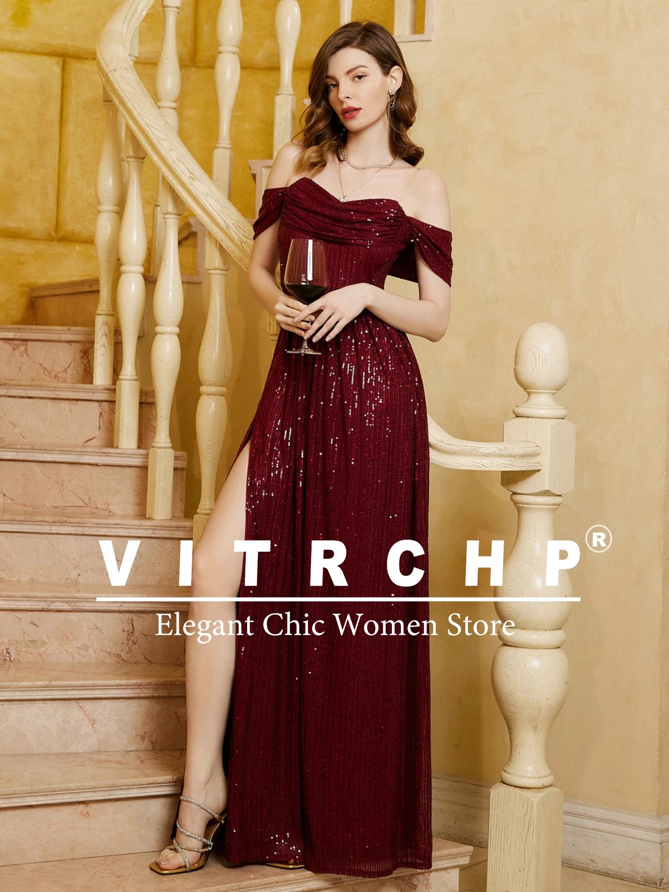 VITRCHP Luxury Evening Dress A-Line Floor Length Backless Split Sequins Long Prom Cocktail Dress