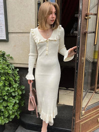 High Waist Ruffled Maxi Dresses For Women Knitted Slim Long Dress Women's Vintage Dress