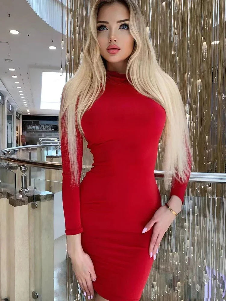 Long Sleeve Slim Bodycon Mini Dress Women Turtleneck Pleated Party Ruched
