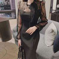Elegant O Neck Lace Hook Flower Dress for Women Back Tie Bow Long Fishtail Slim Fit Dresses Vintage Feminine Bodycon Vestidos