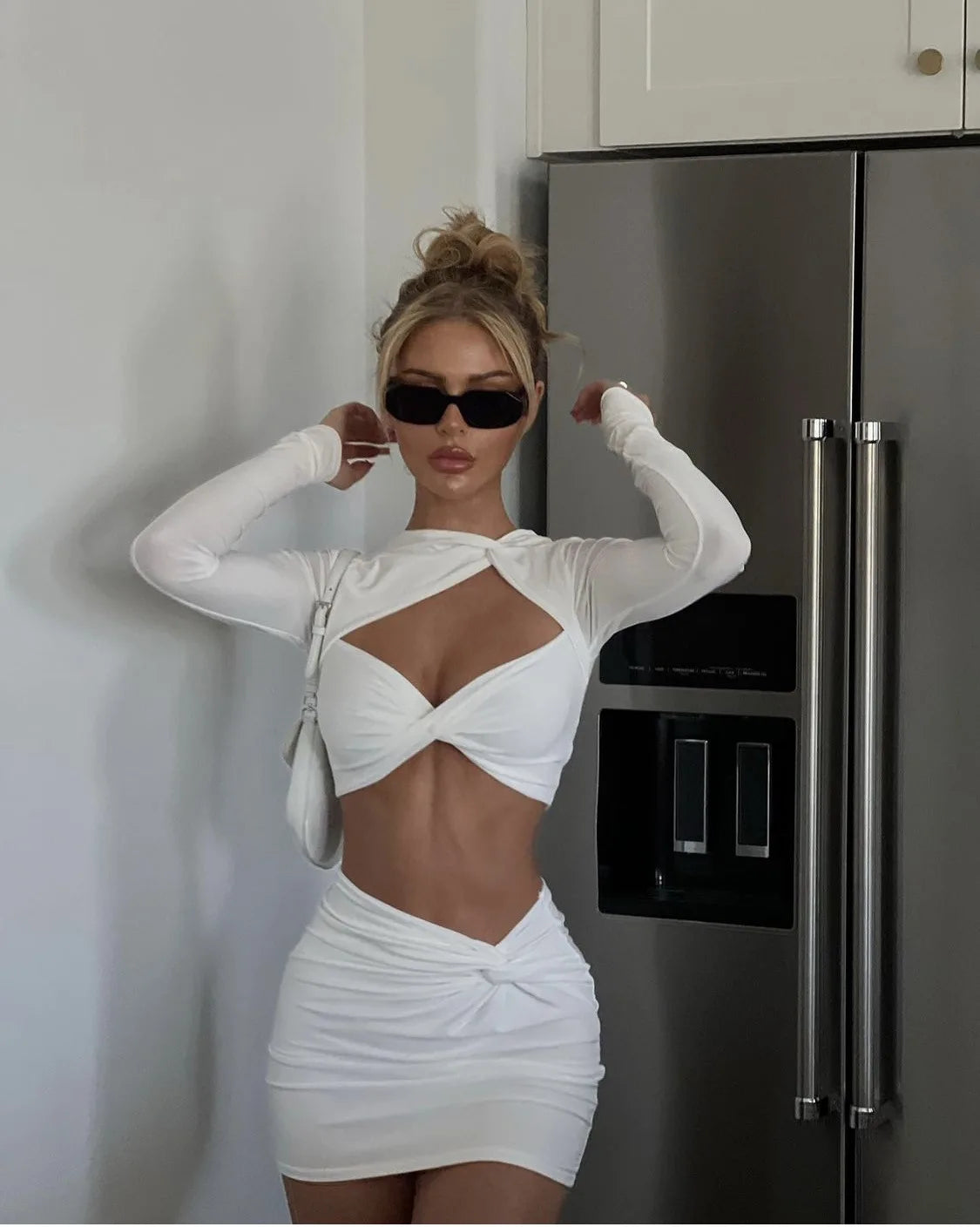 Meqeiss New Elegant Fashion Long Sleeve Sexy Cut Out Skirts 2 Piece Sets Lady Outfits Matching Sets Twist Crop Top and Skirts