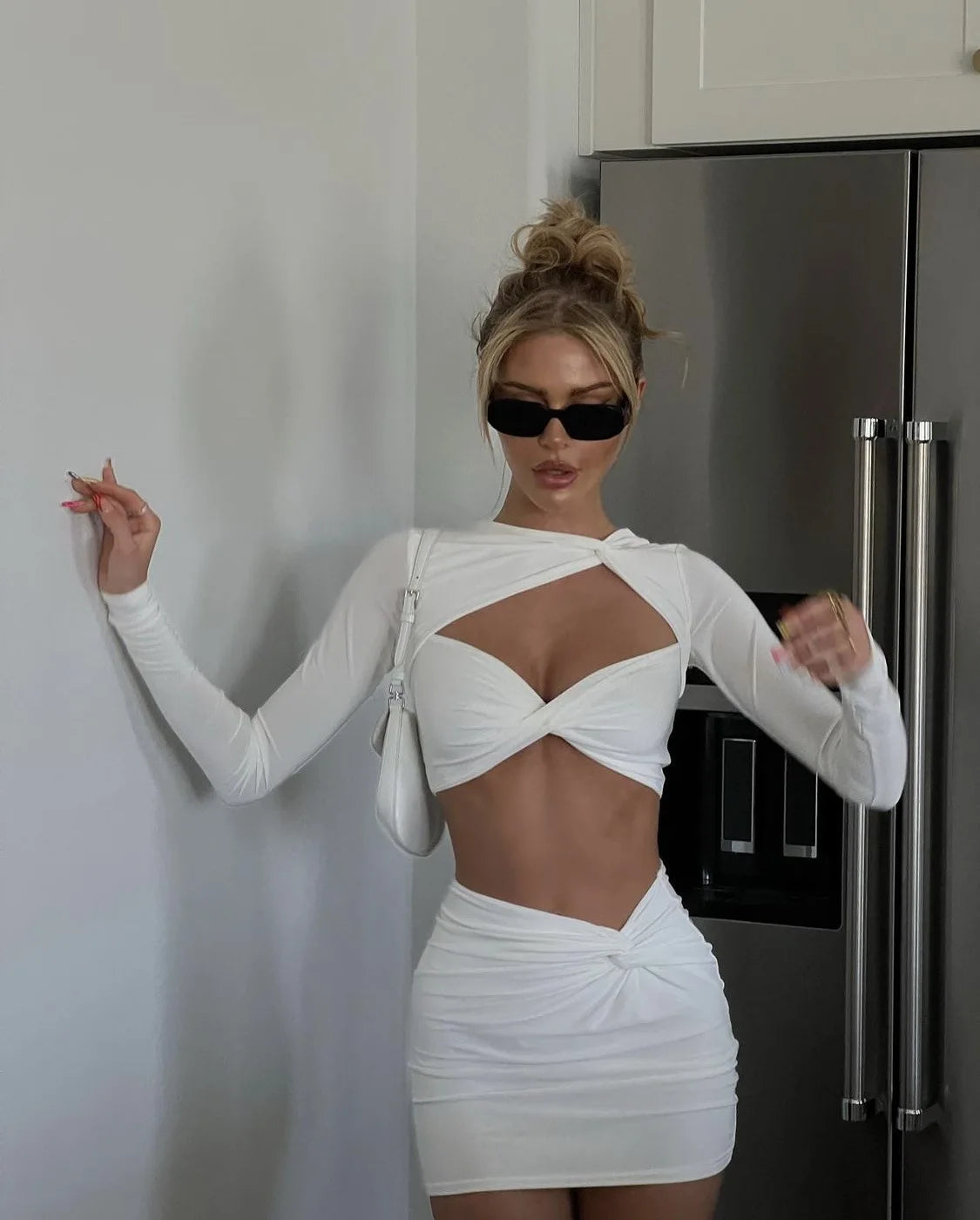 Meqeiss New Elegant Fashion Long Sleeve Sexy Cut Out Skirts 2 Piece Sets Lady Outfits Matching Sets Twist Crop Top and Skirts