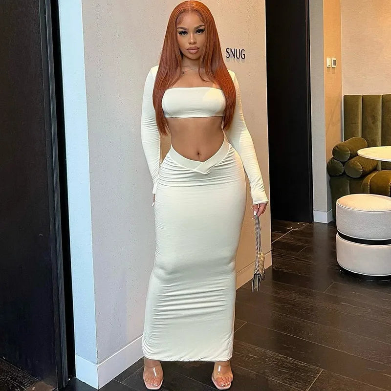 Two Piece Set Women Crop Top Long Sleeve Strapless Elegant Maxi Skirt Bodycon Sexy Streetwear Female Matching Skirts Set