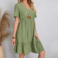 Women Summer Peplum Dresses V-Neck Short Sleeve Loose Waist Ruffle Fit Flare