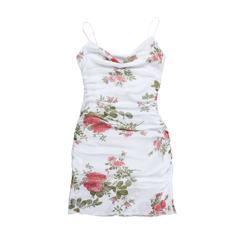 Women's Summer Short Dress Printed Halter Mesh Slim Retro Flower Dresses