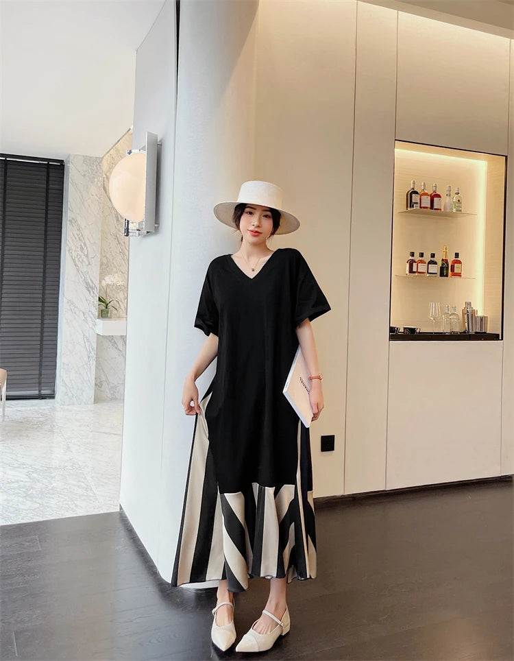 Vestidos Robe Elbise Loose Plus Size Patchwork Silk Velvet Stripe Long Dress