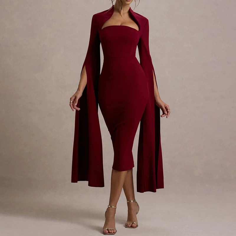 Hollow Out Long Sleeved Slim A-line Dress Elegant Square Neck Waist Solid Color Wrap Hip Dress