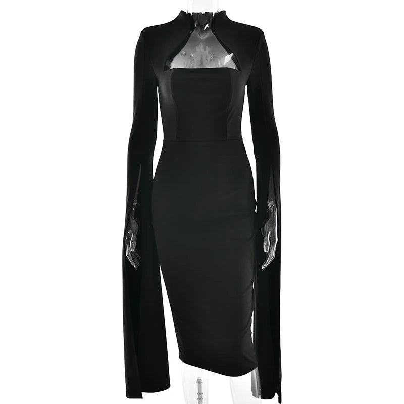 Hollow Out Long Sleeved Slim A-line Dress Elegant Square Neck Waist Solid Color Wrap Hip Dress