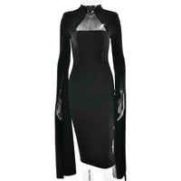 Hollow Out Long Sleeved Slim A-line Dress Elegant Square Neck Waist Solid Color Wrap Hip Dress