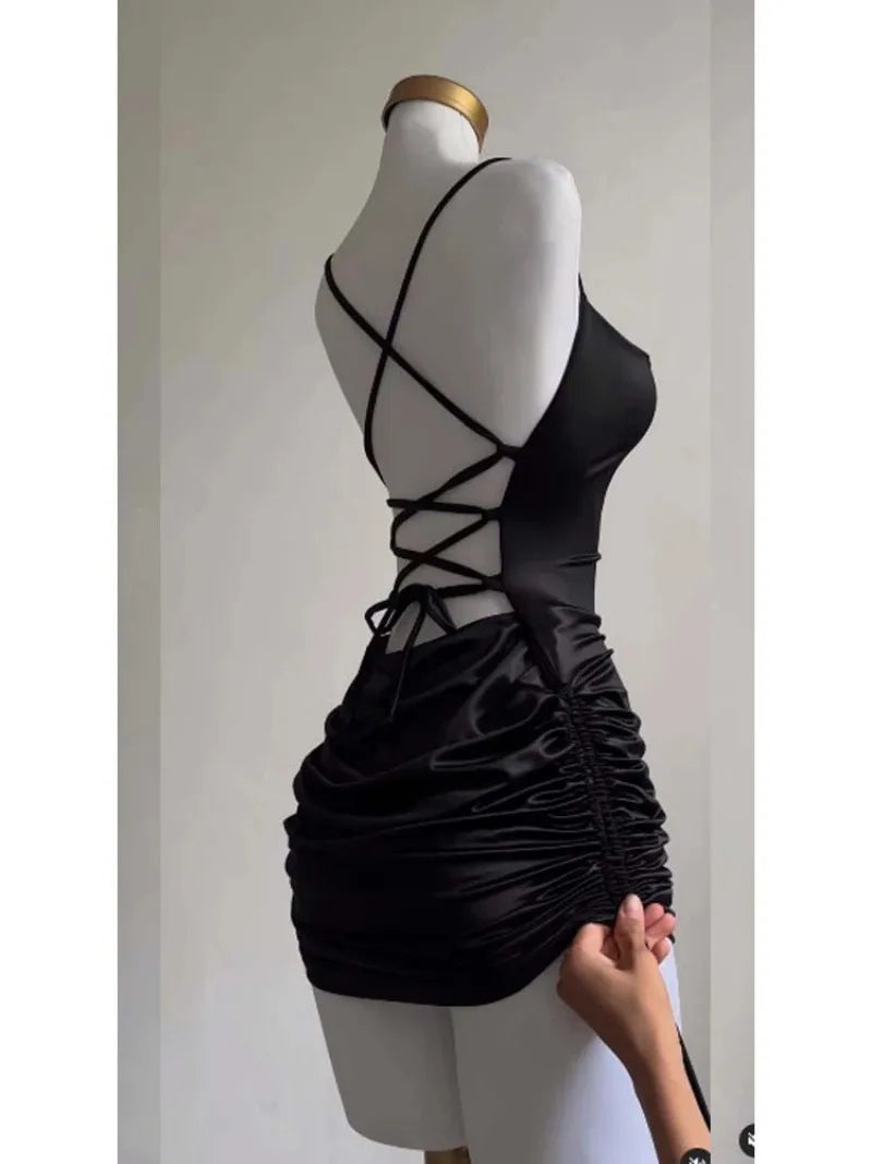 Women's Sexy Satin Lace Up Bodycon Mini Dress, Sleeveless, Backless, Party Club Dresses, Elegant Evening Clothes, Black Robe