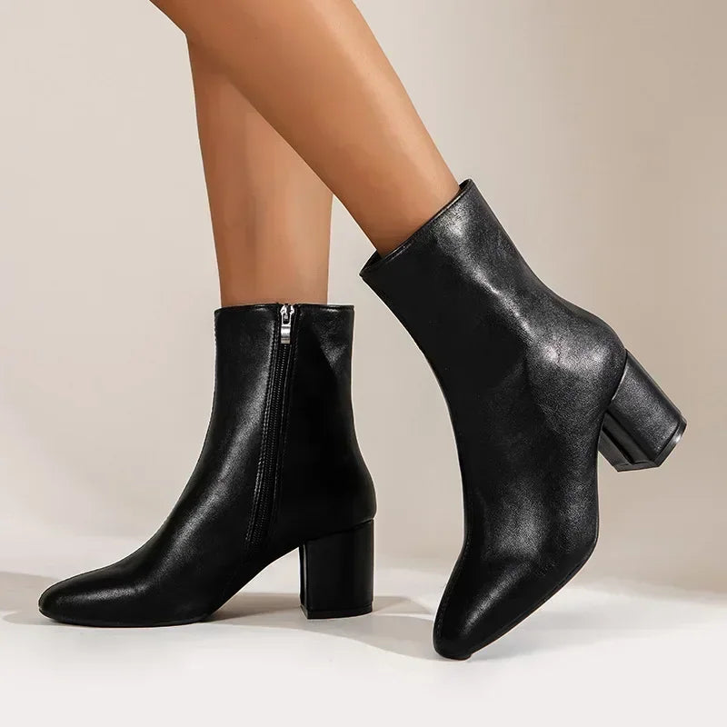 Ankle Boots for Women Side Zipper Stretch Middle Heel Botas De Mujer