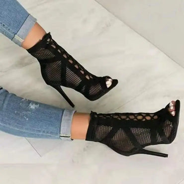 Black Net Fabric Cross strap Sexy high heel shoes Pumps Lace-up Peep