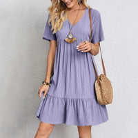 Women Summer Peplum Dresses V-Neck Short Sleeve Loose Waist Ruffle Fit Flare