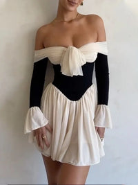 Elegant Strapless Backless Sexy Mini Dress For Women New Off-shoulder Long Flare Sleeve Pleated Club Party Dress