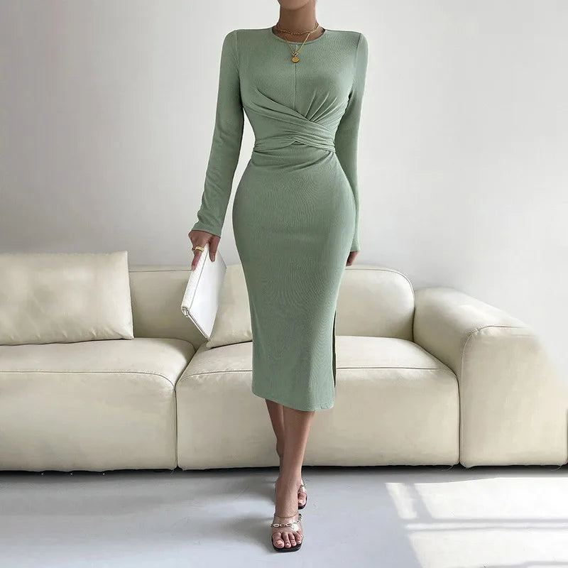 Women's Suit French Dress Professional Long Dress Office Commute Dress Round Neck Slim-fit