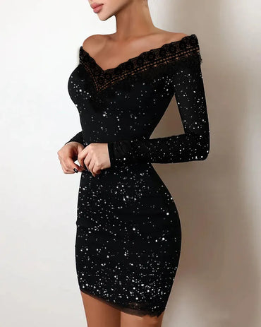 Elegance, Leisure, Sexy Long sleeved Lace Edge, One Shoulder Silver Powder Sprinkled Dress