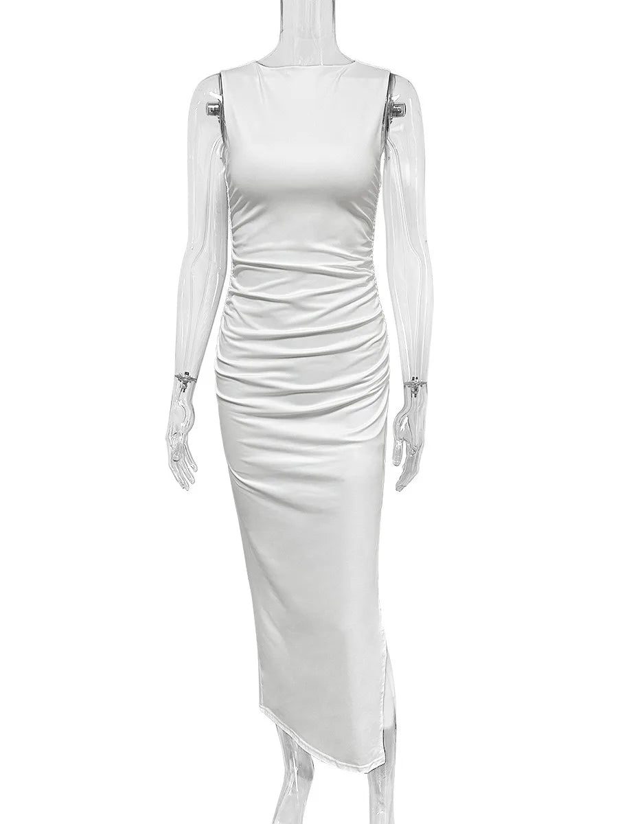 Sexy Round Neck Sleeveless Bodycon Dress Women's Off Shoulder Pleated Split Wrapped Hip Dress Party Club Elegant Long Dress