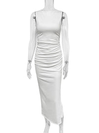 Sexy Round Neck Sleeveless Bodycon Dress Women's Off Shoulder Pleated Split Wrapped Hip Dress Party Club Elegant Long Dress
