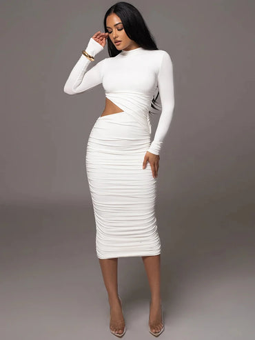 Solid Casual Sexy Women's Dresses Fashion Hollow O-Neck Long Sleeve Streetwear Slim Skinny Bodycon Vestidos Robes Female