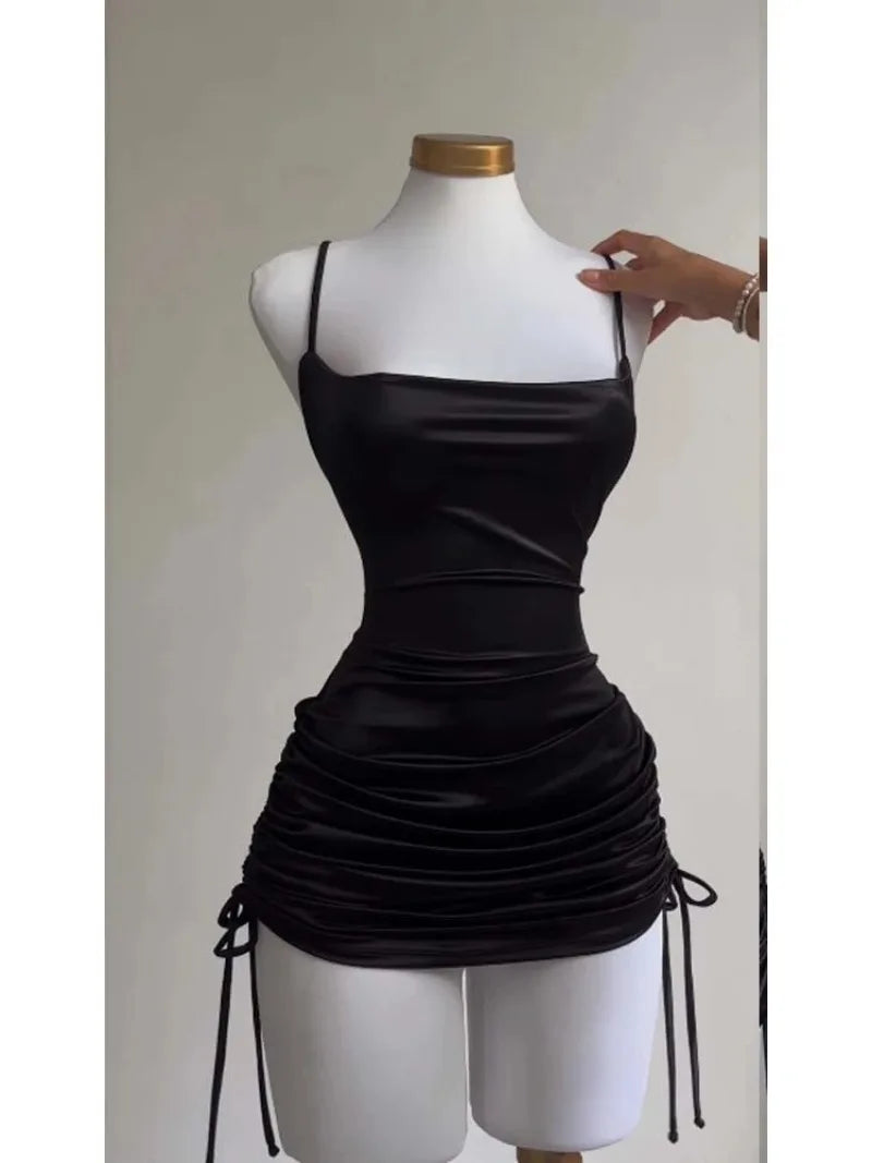 Women's Sexy Satin Lace Up Bodycon Mini Dress, Sleeveless, Backless, Party Club Dresses, Elegant Evening Clothes, Black Robe