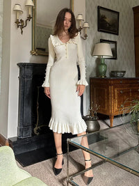 High Waist Ruffled Maxi Dresses For Women Knitted Slim Long Dress Women's Vintage Dress