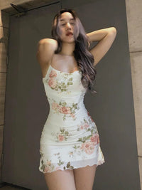 Women's Summer Short Dress Printed Halter Mesh Slim Retro Flower Dresses