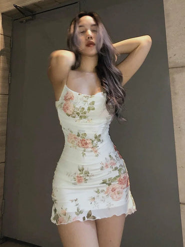 Women's Summer Short Dress Printed Halter Mesh Slim Retro Flower Dresses