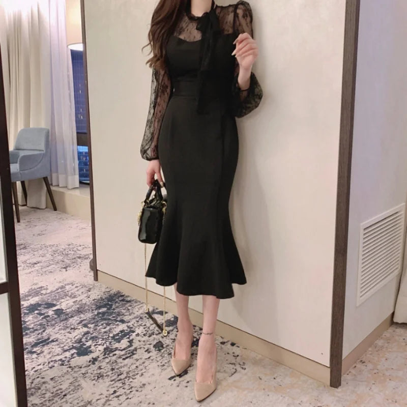 Elegant O Neck Lace Hook Flower Dress for Women Back Tie Bow Long Fishtail Slim Fit Dresses Vintage Feminine Bodycon Vestidos