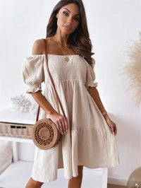 Women's Short Sleeved One Line Neck Commuter Waist Fold Lantern Sleeves Gentle A-line Solid Color Dress