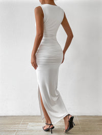 Sexy Round Neck Sleeveless Bodycon Dress Women's Off Shoulder Pleated Split Wrapped Hip Dress Party Club Elegant Long Dress