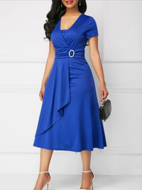 Elegant V-neck Plus Size Ruched High Waist Midi Dress Vestidos