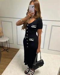 Office Lady Elegant Knitted Long Dress Summer Short Sleelve V Neck Single Breasted Bodycon Dresses Women Party Fashion Vestidos