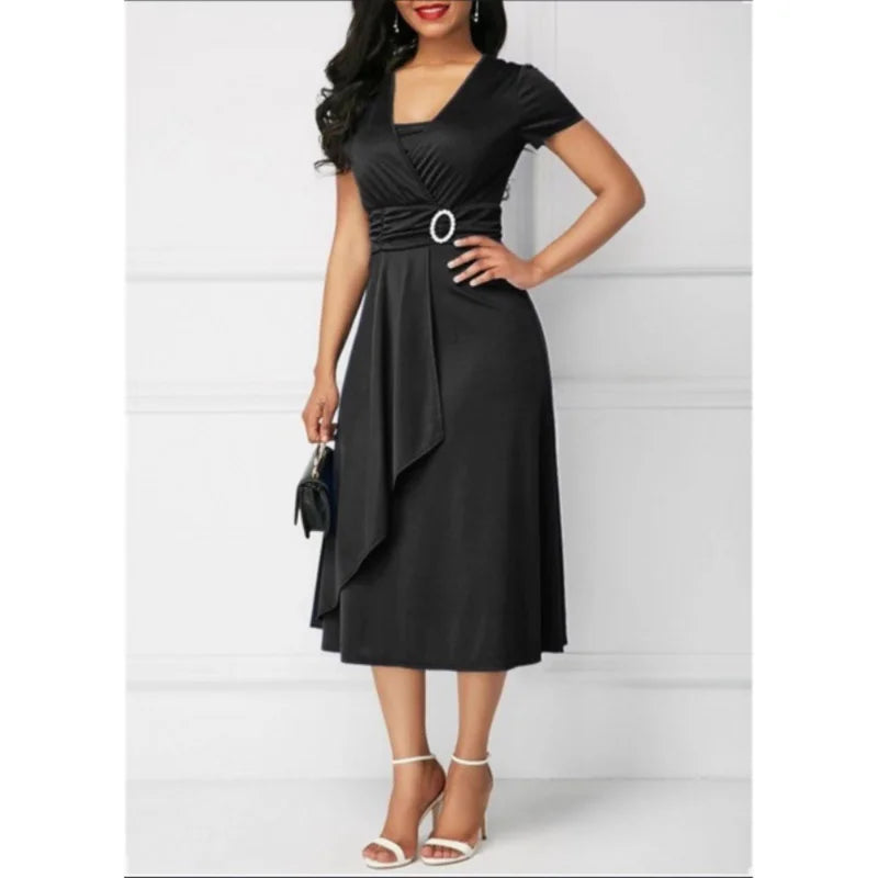 Elegant V-neck Plus Size Ruched High Waist Midi Dress Vestidos