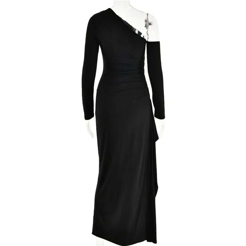Oblique Shoulder Thigh High Split Maxi Dress Women Long Sleeve Backless Bodycon Sexy Club Party Long Dress Vestidos