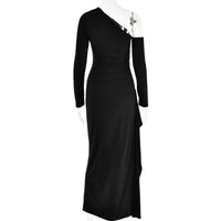 Oblique Shoulder Thigh High Split Maxi Dress Women Long Sleeve Backless Bodycon Sexy Club Party Long Dress Vestidos