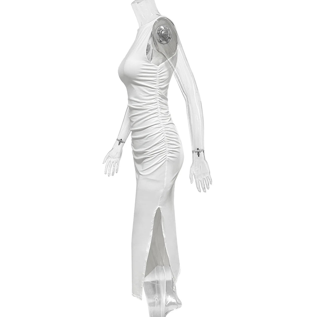 Sexy Round Neck Sleeveless Bodycon Dress Women's Off Shoulder Pleated Split Wrapped Hip Dress Party Club Elegant Long Dress