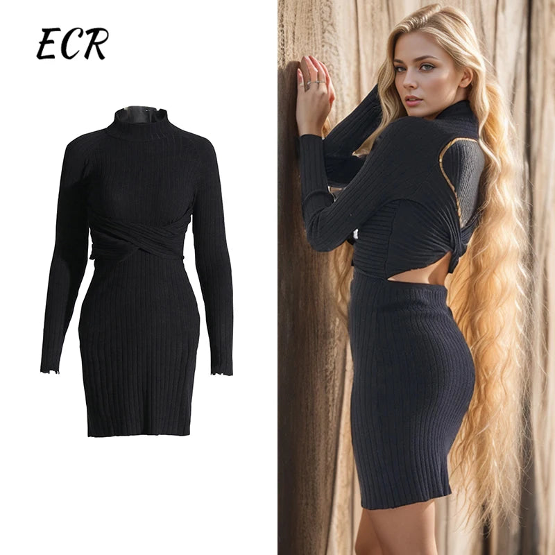 ECR Solid Elegant Hollow Out Slimming Dresses For Women Stand Collar Long Sleeve High Waist Striped Knitting Dress
