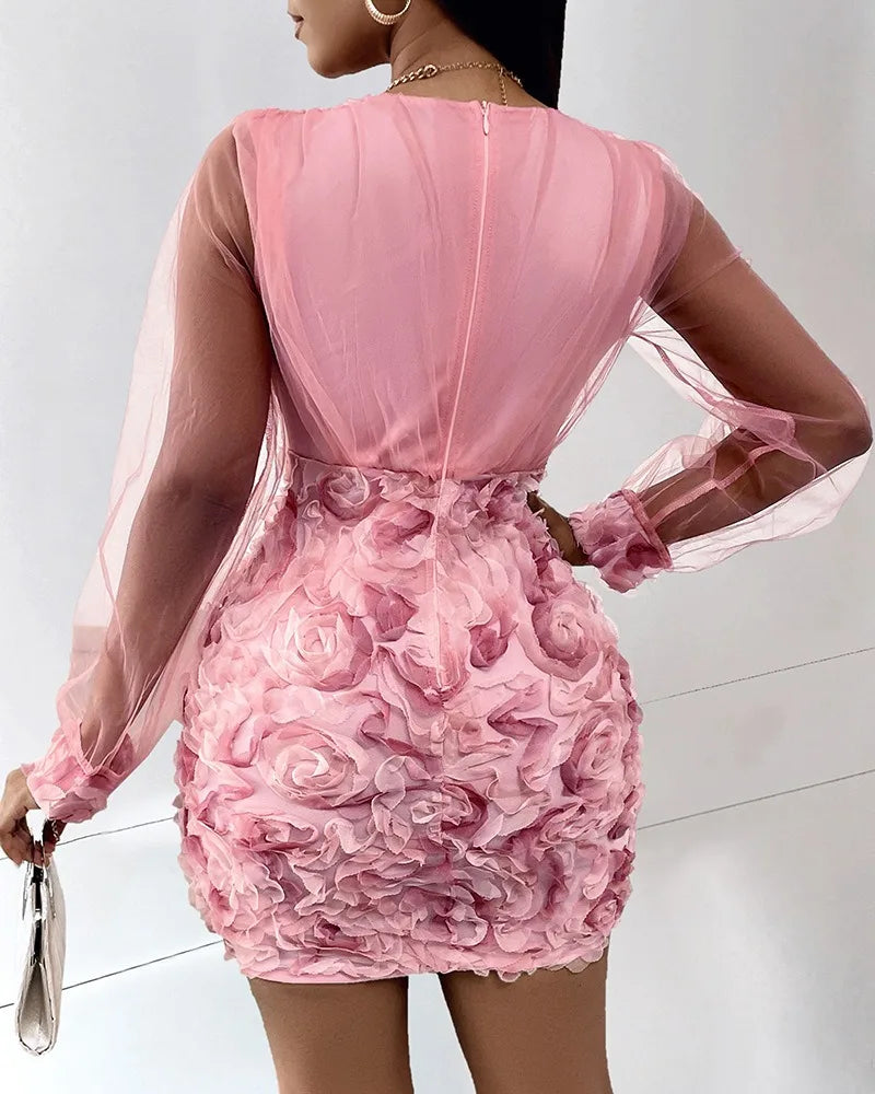 Women Floral Pattern Sheer Mesh Patch Long Sleeve V-Neck Elegant Dress