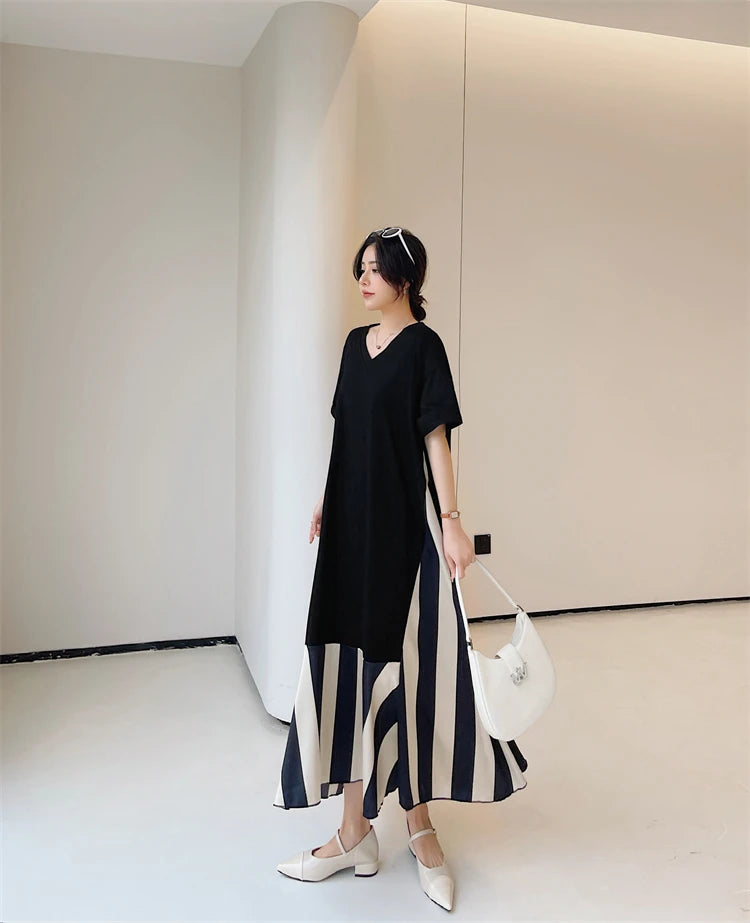Vestidos Robe Elbise Loose Plus Size Patchwork Silk Velvet Stripe Long Dress