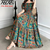 Long Dress Women Bohemian Cotton Linen Floral Short Sleeve Korean Style Casual