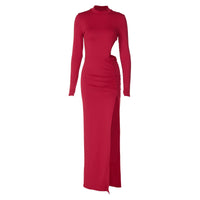 Sexy Maxi Dress Women Fashion Waist Cut Out Slim Party Dresses Red Long Sleeve Evening Party Christmas Dress