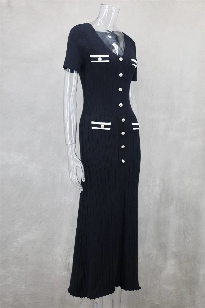 Office Lady Elegant Knitted Long Dress Summer Short Sleelve V Neck Single Breasted Bodycon Dresses Women Party Fashion Vestidos