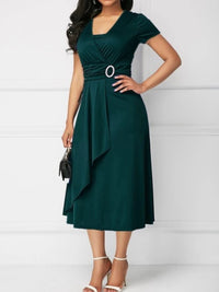 Elegant V-neck Plus Size Ruched High Waist Midi Dress Vestidos